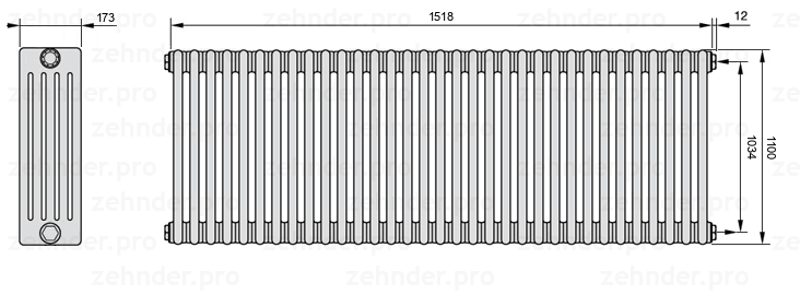 Схема (чертеж) Радиатор Zehnder Charleston 5110/33 №7610 Белый глянцевый RAL 9016